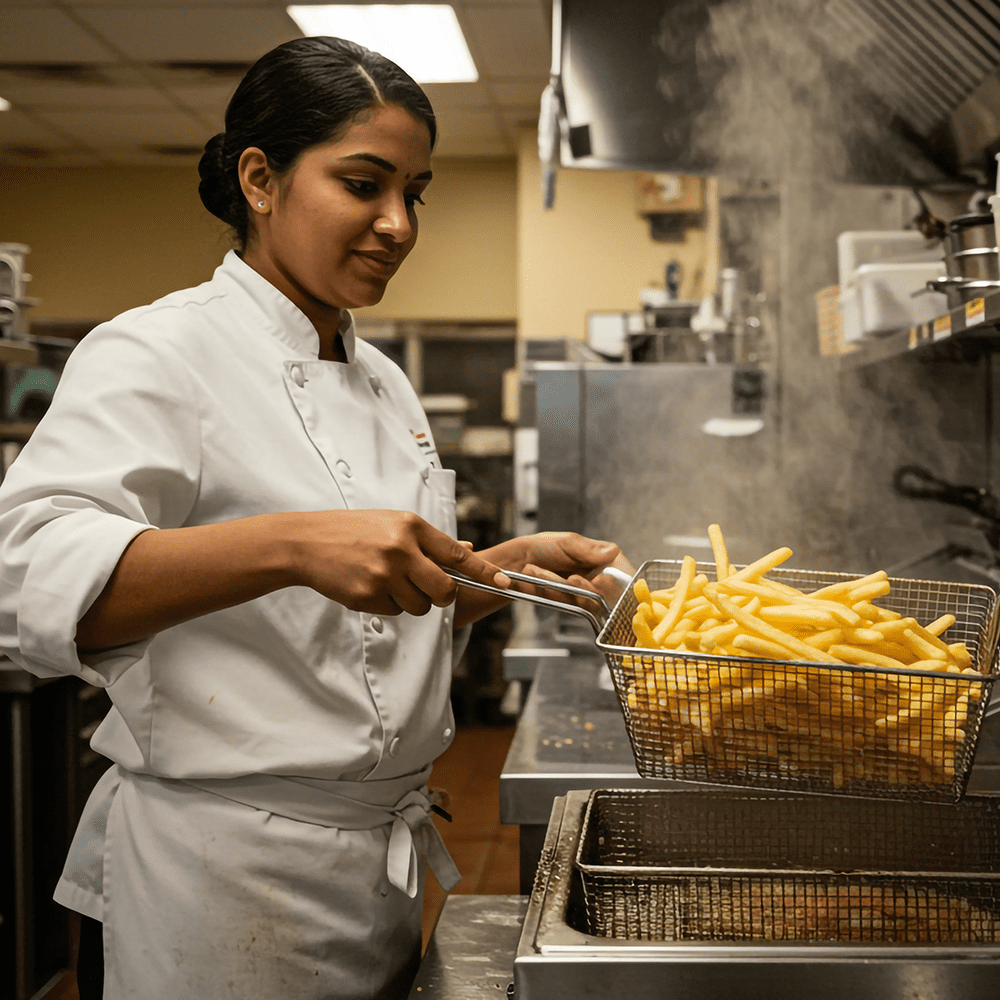 QSR kitchen employee in a stain-resistant white chef uniform lifting fries from a fryer.