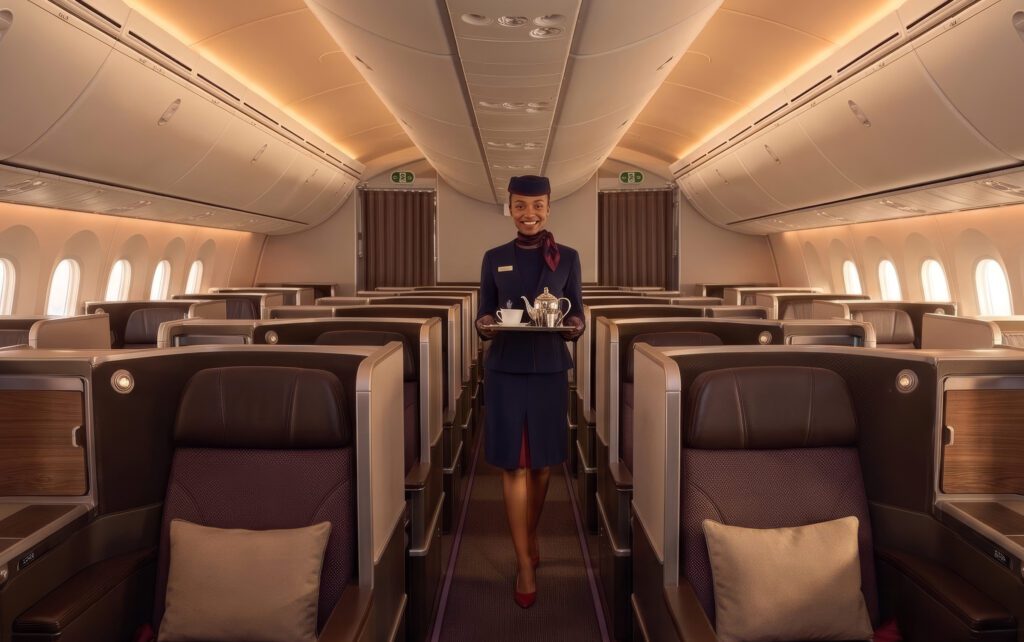 Aviation Concept - Cabin Crew Serving In Business Cabin