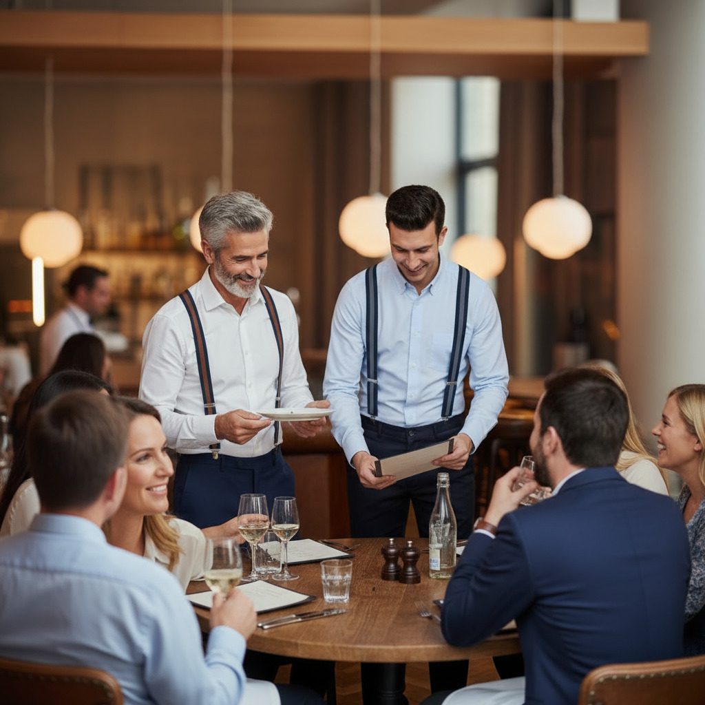 Hospitality Concept - Two Waiters Serving A Table In Braces