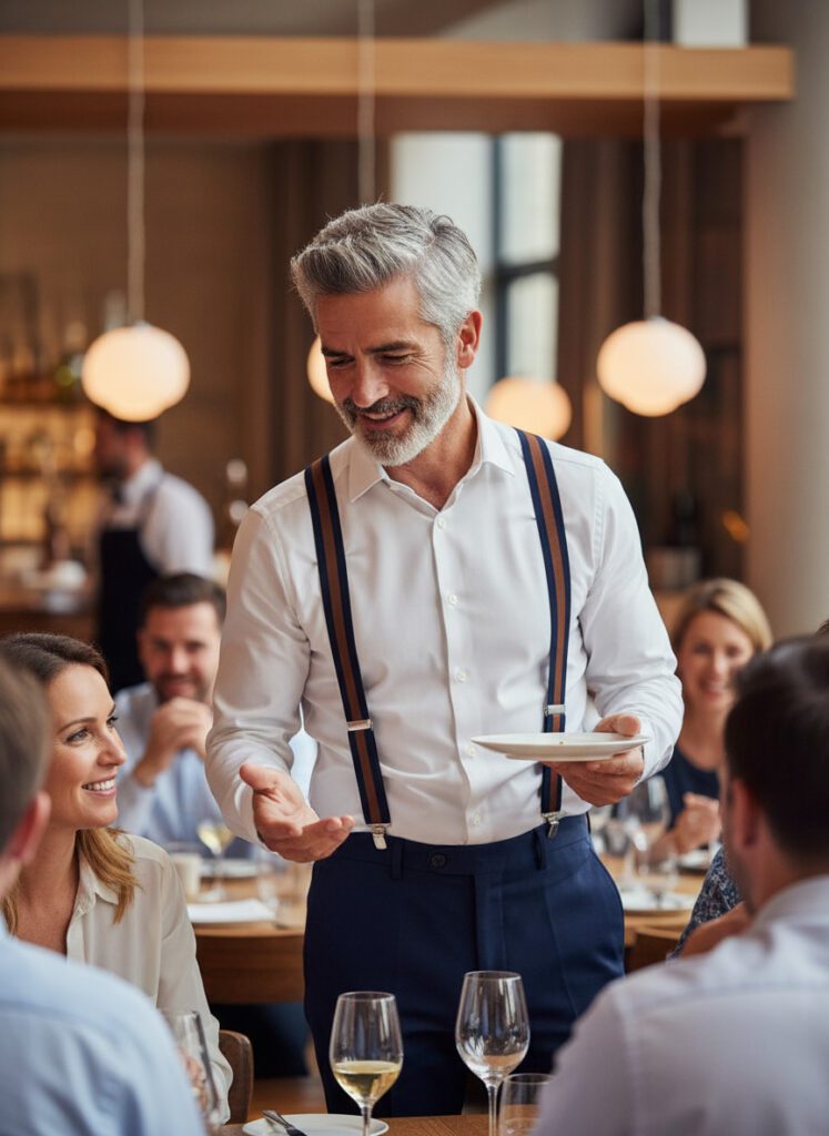 Hospitality Concept - Waiter In White Shirt And Braces